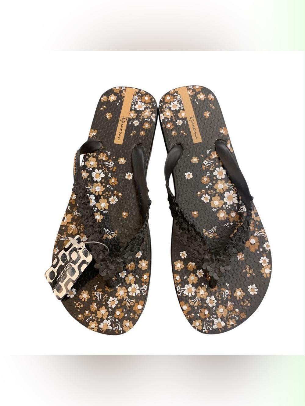 Ipanema NWT Black Floral Flip Flops with Bronze Accents S10